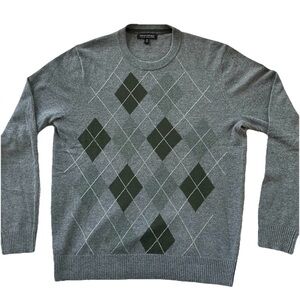 Banana Republic Merino Wool Argyle Gray Crew Neck Sweater-Mens M Academia Preppy